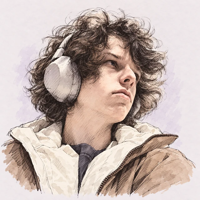 Pen-and-ink portrait of Manuel Stößel wearing silver headphones
