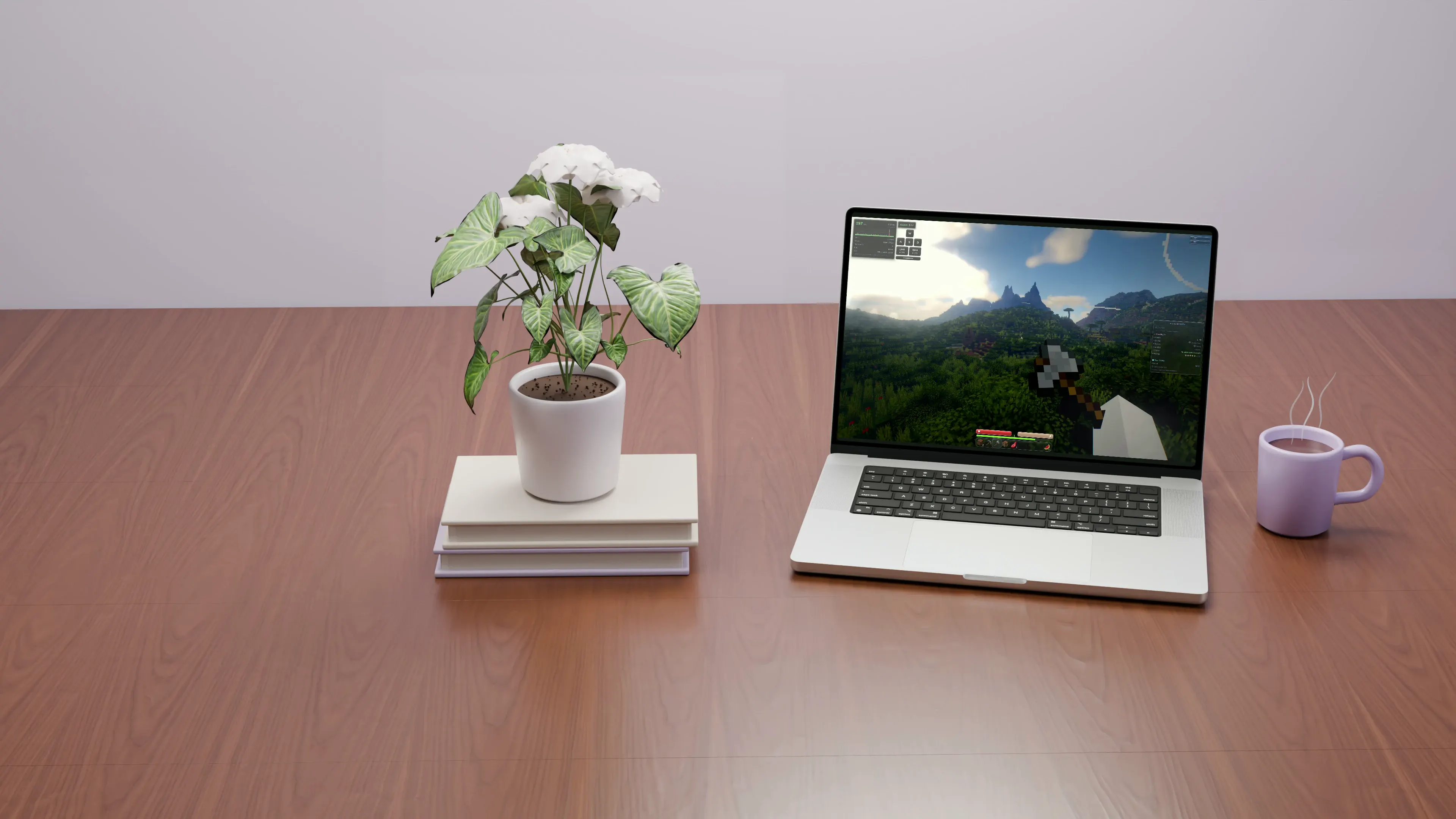 A silver 16-inch MacBook Pro on an oiled brown walnut desk, with white flowers on linen-covered books beside it and a lavender mug. Leaves sway gently and cartoon steam rises from the coffee while the display presents my apps fullscreen.
