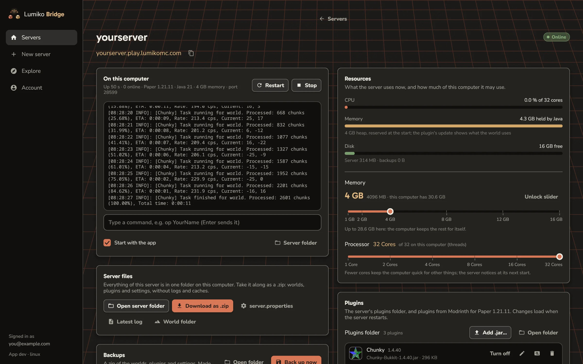 Lumiko Bridge server console and resource controls