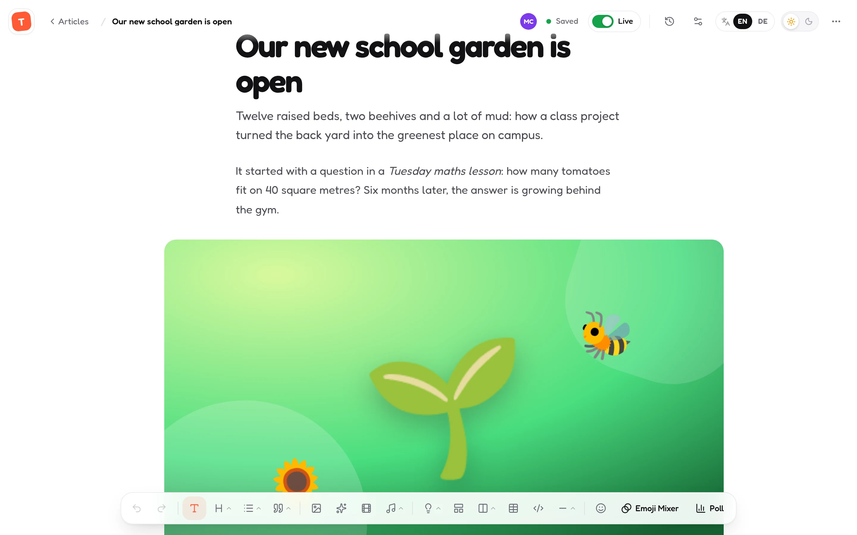 Inkmeadow article editor with text and content tools