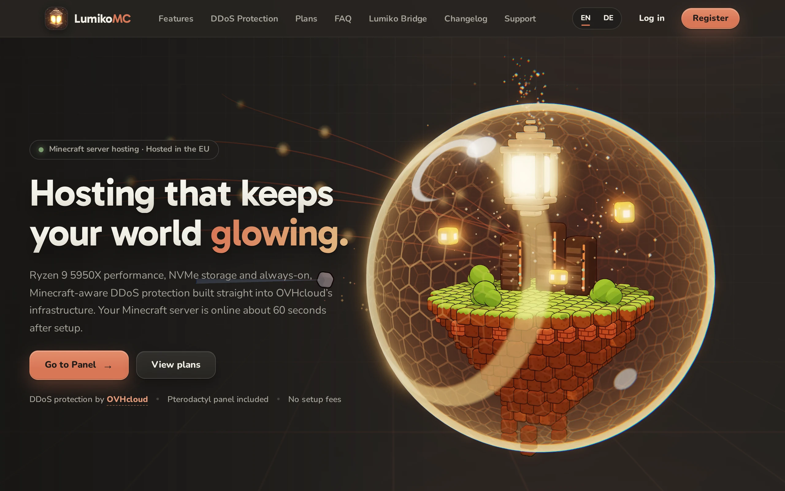 LumikoMC hosting website with its heading and illuminated Minecraft island